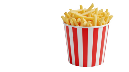 Pile of golden french fries overflowing from a classic red and white striped paper container isolated on transparent background