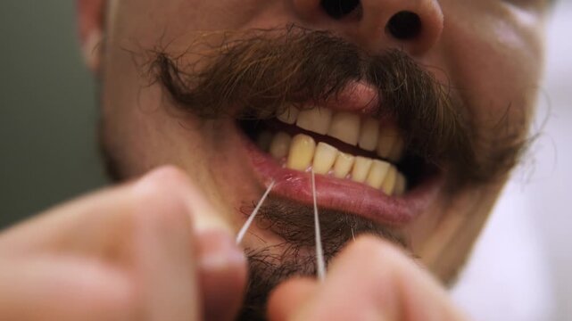 Man flossing teeth with dental floss, closeup of interdental cleaning, gentle floss motion along gum line, mustache framing upper lip, focused preventive oral care routine, clinical bathroom feel.