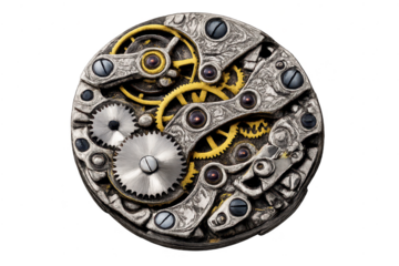 Clockwork gears mechanism with a transparent background design theme.