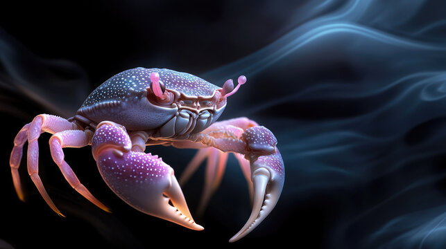 Cancer zodiac sign symbol representing astrology, mysticism, and cosmic energy, with a detailed crab creature inhabiting a dark, ethereal space with swirling blue elements