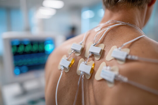 Close-up of medical electrodes on a patient's chest