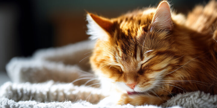 Sleeping ginger cat resting on a soft blanket in warm sunlight, with closed eyes and relaxed posture creating a peaceful cozy indoor atmosphere - Powered by Adobe