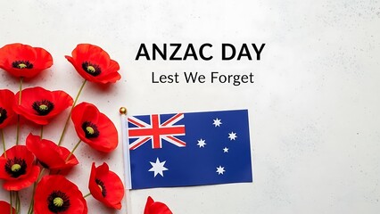 Commemoration of anzac day with red poppies and the australian flag