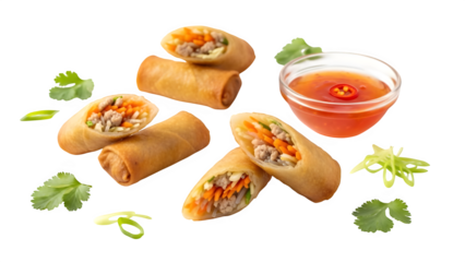 Delicious vietnamese spring rolls with shrimp and fresh herbs served with dipping sauce isolated on transparent background
