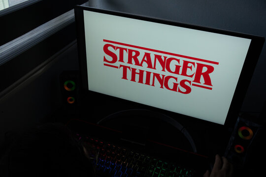Punta Arenas, Chile &ndash; December 21, 2025: The Stranger Things television series logo is displayed on a computer monitor in a dark home office setting