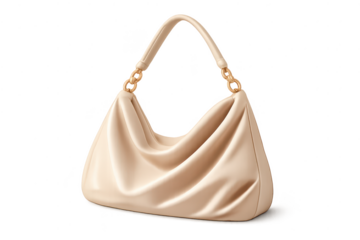 Beige shoulder bag with golden details on transparent background.