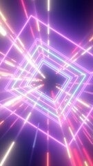 Fototapeta premium Neon pink and blue glowing squares forming a speeding tunnel of light with dynamic streaks and futuristic motion