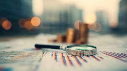 Study of financial data with coins and a magnifying glass at sunset