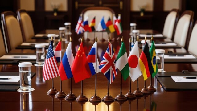 A row of international flags on a conference table before a summit. Global politics, business negotiation, and diplomacy concept