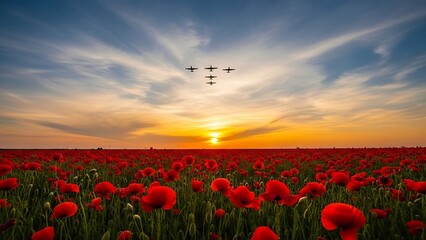 Poppies field under a dramatic sunset sky with an aerial military formation flying above