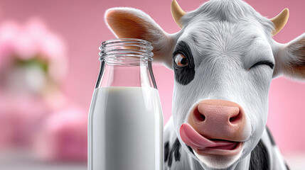 Kawaii style cartoon cow character smiling and leaning on a milk bottle, representing dairy products, freshness, and childhood nutrition, with soft bokeh background