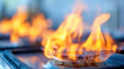 Cooking flames rise from a gas stove in a kitchen during meal preparation