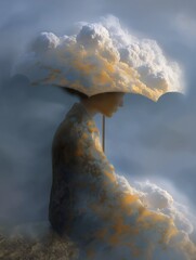 Lost in reverie, a figure melts into a stormy sky, embodying melancholy and introspection, perfect for themes of solitude, dreams, or emotional turmoil.