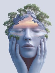 Dreamlike serenity washes over this surreal portrait, a stone face blossoming with vibrant foliage and a sunset sky within, evoking peace, introspection, and the beauty of nature's embrace.