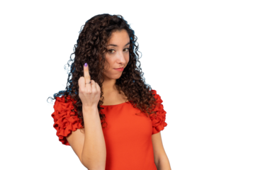 Woman making middle finger gesture with attitude