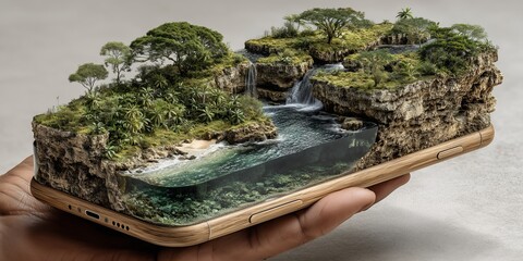 A hand holds a phone displaying a 3D jungle island with waterfalls and lush greenery. It blends tech and nature, turning a screen into a miniature, immersive world.