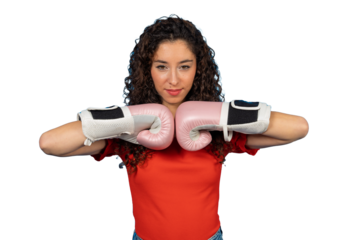Woman preparing for boxing training wearing pink gloves