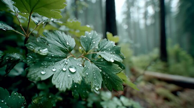 Frische Waldbl&auml;tter mit Tautropfen im nebligen Morgenwald