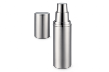 Shiny metallic dispenser with its cap floating, transparent background.
