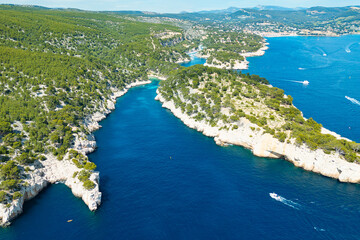 Obraz premium Calanques National Park is a French national park located on the Mediterranean coast, Southern France. Aerial view