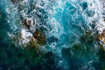 Fototapeta premium Sea coast with cliffs and foamy blue sea. Cinematic top-down drone footage, Clean and natural sea background