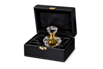 Perfume bottle in gift box with transparent background, luxury item.