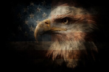 Fototapeta premium An eagle fierce gaze pierces through the faded stars of the American flag in shadowy tones. The image evokes patriotism, strength, and the enduring spirit of the nation.