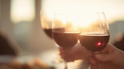 Cheers at sunset with red wine glasses raised in a social gathering