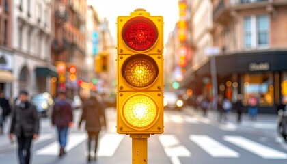 Yellow traffic light illuminated in urban city street with blurred buildings, pedestrians, and vehicles.