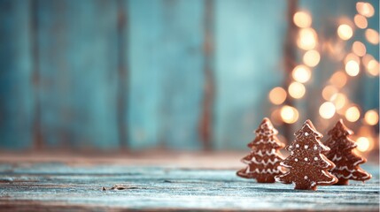 Christmas cookie trees on wooden table with lights in background