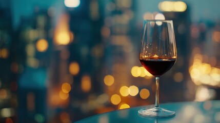 Wine glass on a table with city lights in the background during the evening