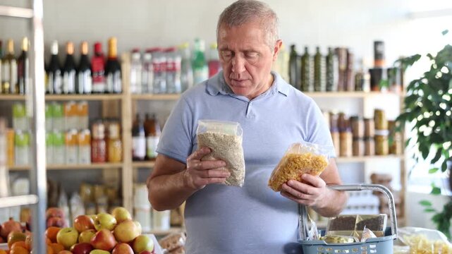 Senior man is holding two packages of flakes cereal in hands, choosing food for garnish side dish. Buyer is thinking about choosing variety of flakes