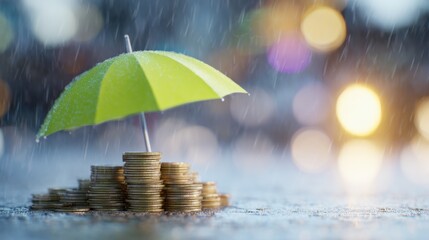 Money stacks under a green umbrella on a rainy day in a city setting