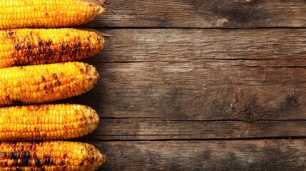 Grilled corn on the cob placed on a wooden table at a summer barbecue