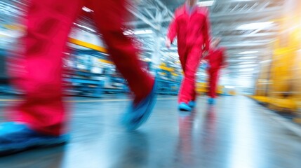 Workers in red jumpsuits moving quickly through a manufacturing facility