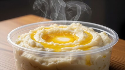 Hot steaming mashed potatoes with melted butter in a takeout container. Creamy comfort food side dish on a wooden table