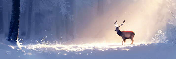 Majestic deer standing in a snowy forest with soft light and copy space for design