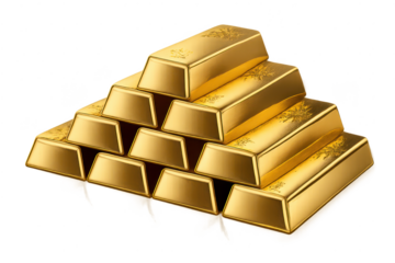 Stack of shiny gold bars on transparent background, bullion treasure.