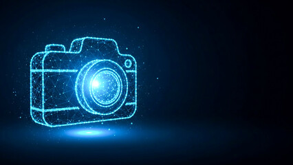 Futuristic Digital Camera Icon Glowing Blue Polygonal Network