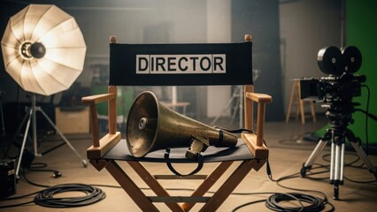 Empty director's chair on a movie set with a megaphone. Film production studio with professional camera and lighting equipment