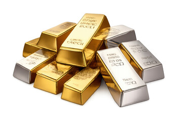 Pile of Gold and Silver Bars on transparent background for designs