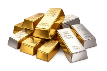 Pile of Gold and Silver Bars on transparent background for designs