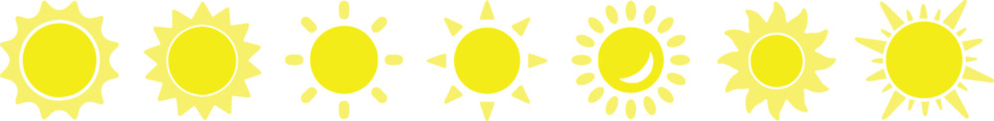 Different shapes of sun . Sun shapes . Multiple shapes of Sun on white background . Sun