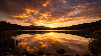 Breathtaking time-lapse of a dramatic sunset over a tranquil mountain lake with stunning cloud reflections
