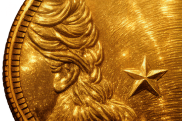 Golden coin macro with a transparent background and star design art.