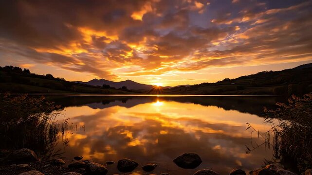Breathtaking time-lapse of a dramatic sunset over a tranquil mountain lake with stunning cloud reflections
