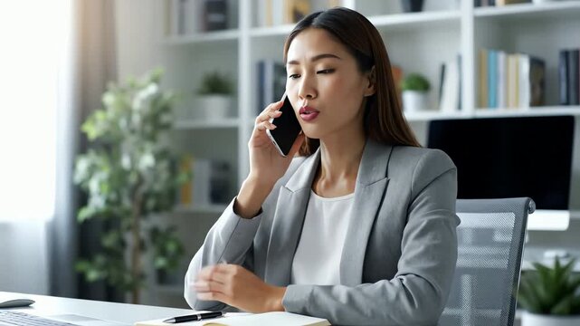 Professional woman in a grey suit on a phone call discussing robust quarterly projections with positive growth