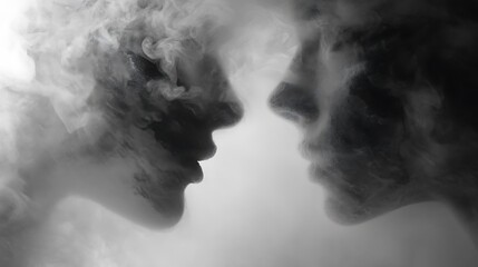 two overlapping faces made of fog, one calm and one chaotic, expressing duality of thought, artistic fine art, 