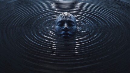 a head shape emerging from dark water, ripples forming soundwave patterns, symbolizing emotional resonance, 