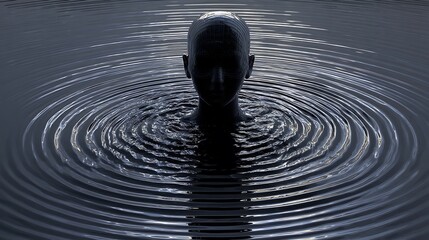 a head shape emerging from dark water, ripples forming soundwave patterns, symbolizing emotional resonance, 